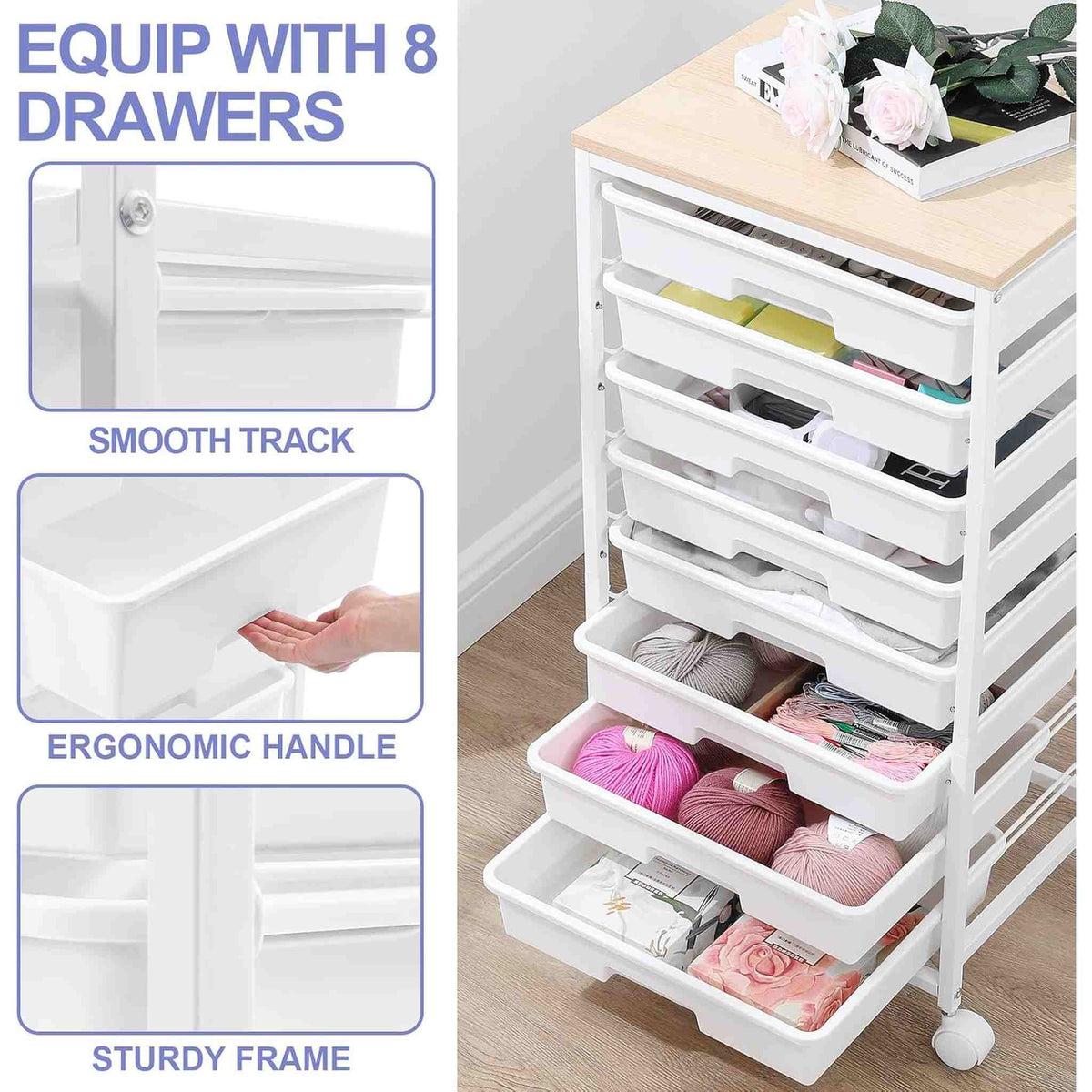 SYKIARIOL 8-drawer rolling storage cart – drawer details: smooth track, ergonomic handle, sturdy frame, holding yarn and crafts