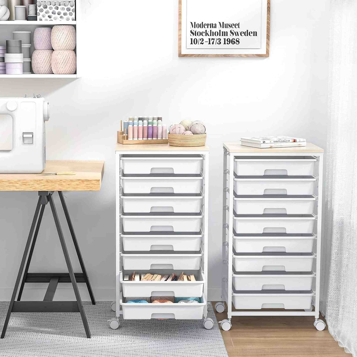 SYKIARIOL 8-drawer rolling storage cart, two white carts in a sewing and craft room