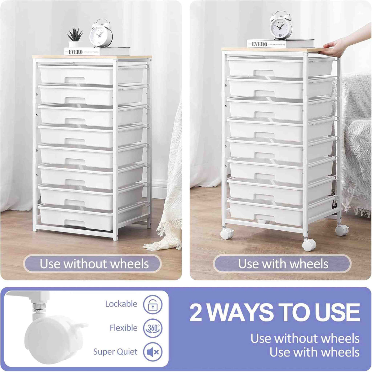 SYKIARIOL 8-drawer rolling storage cart – two ways to use: with lockable, flexible, super-quiet wheels or without wheels
