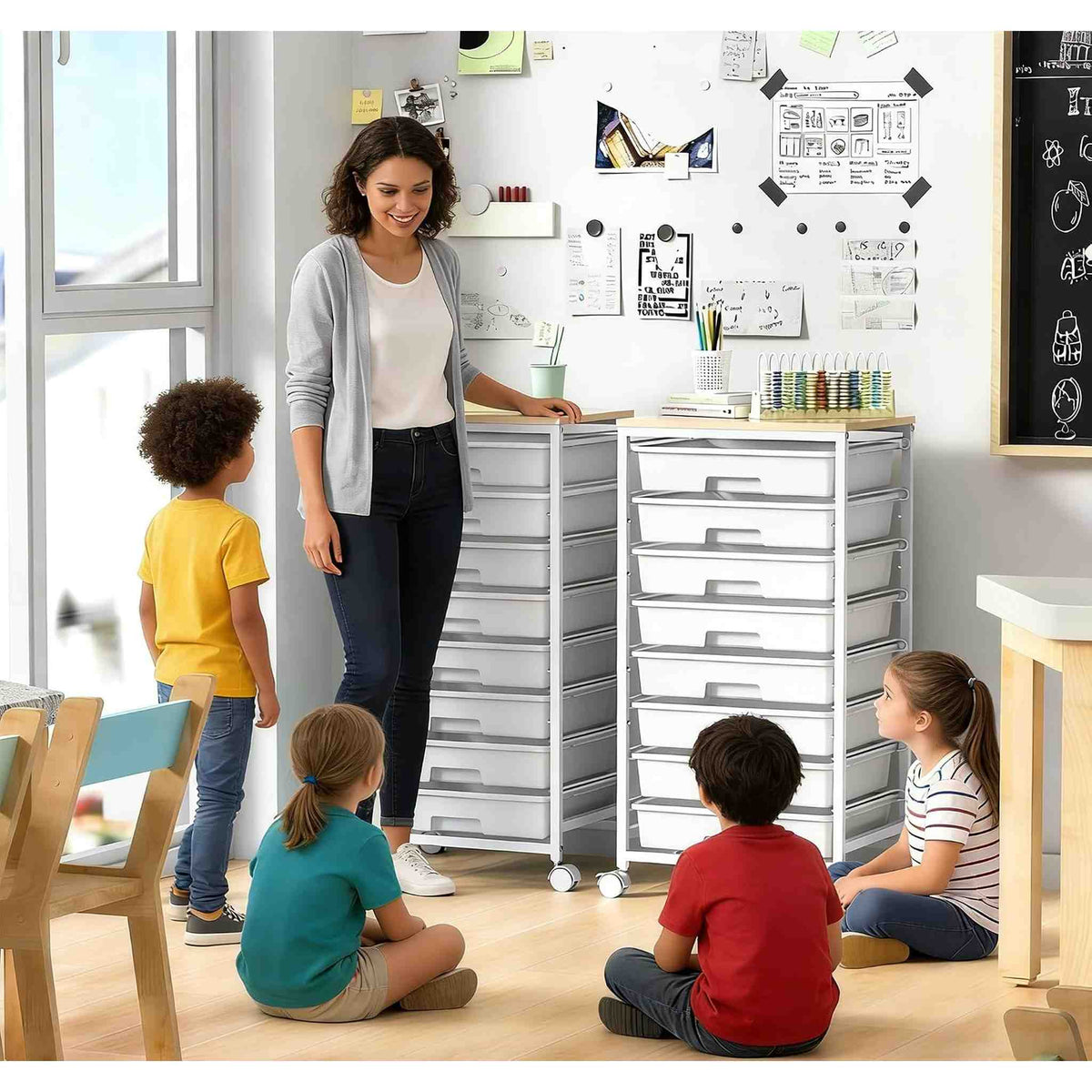 SYKIARIOL 8-drawer rolling storage cart, two carts in a classroom with a teacher and children