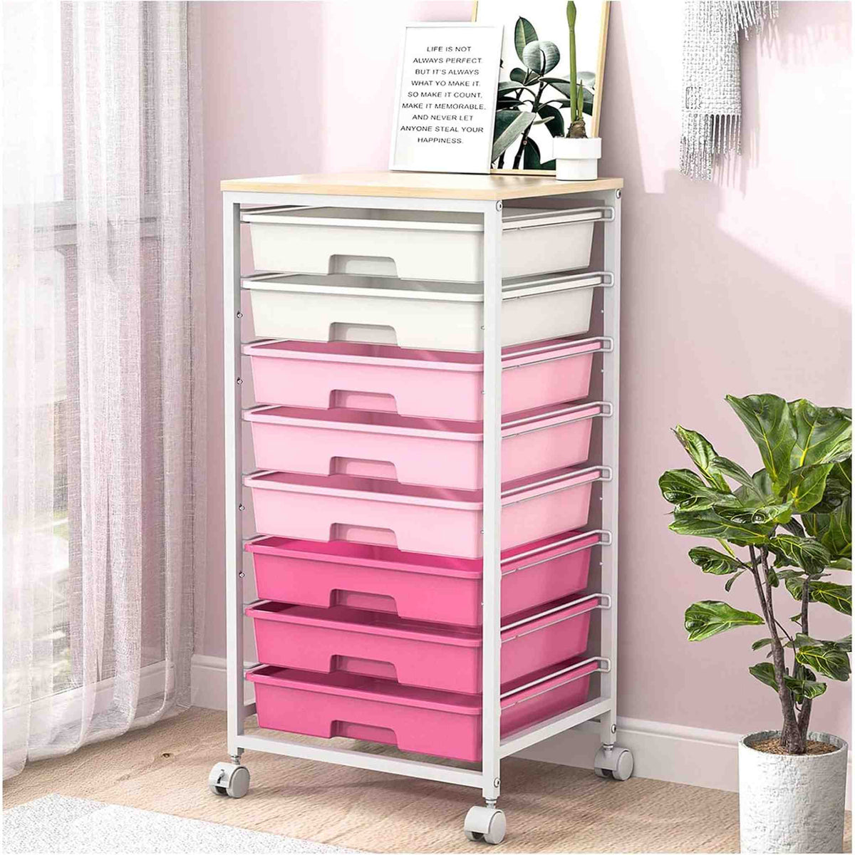 SYKIARIOL 8-drawer rolling storage cart, pink gradient drawers