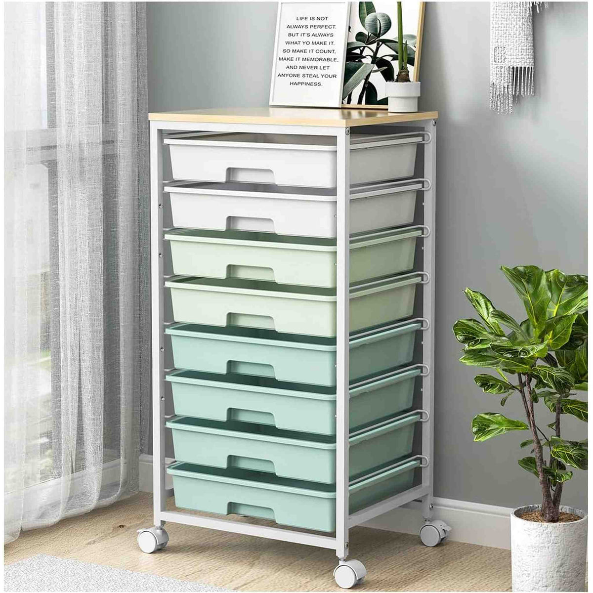 SYKIARIOL 8-drawer rolling storage cart, mint green gradient drawers