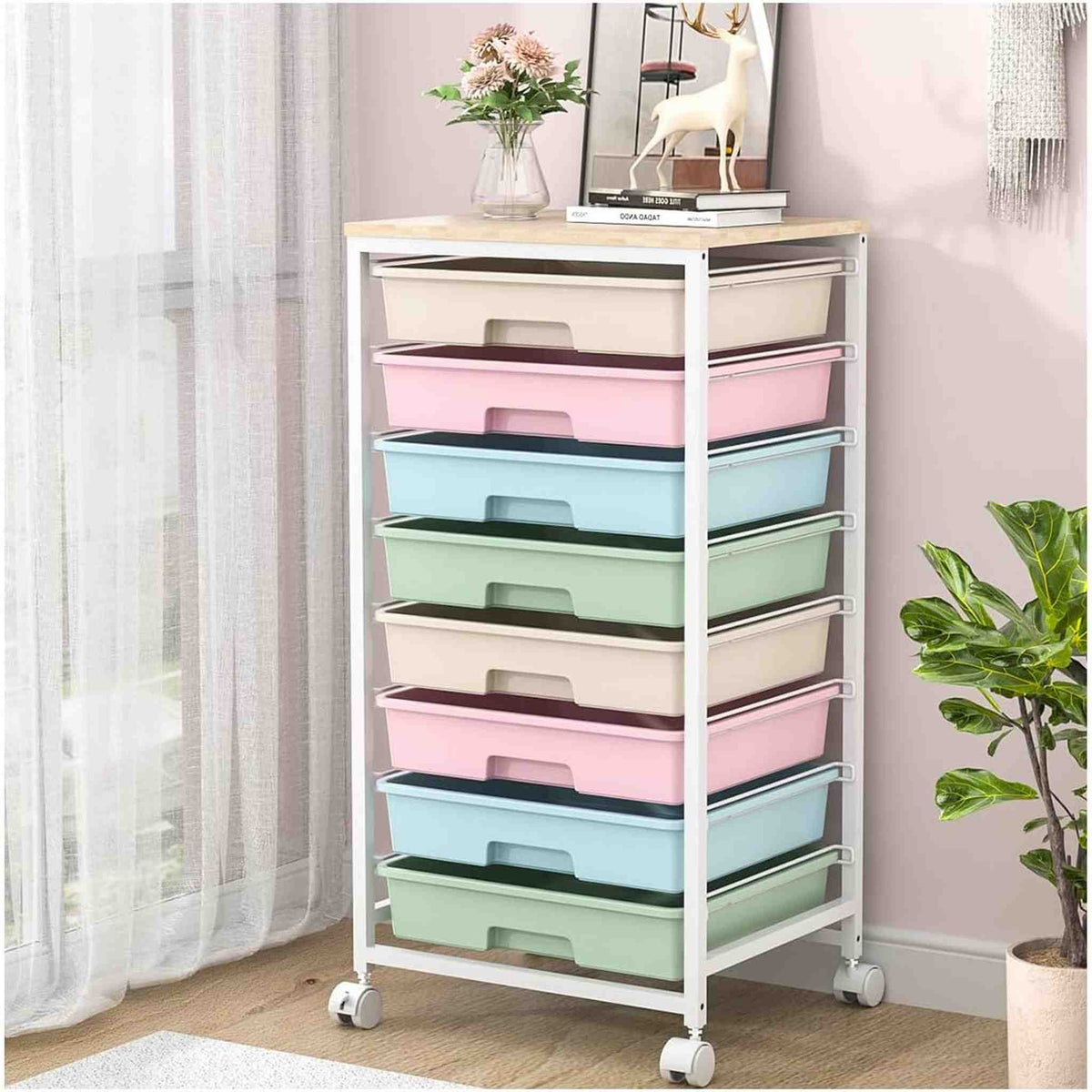 SYKIARIOL 8-drawer rolling storage cart, pastel rainbow drawers in pink, blue, green and peach