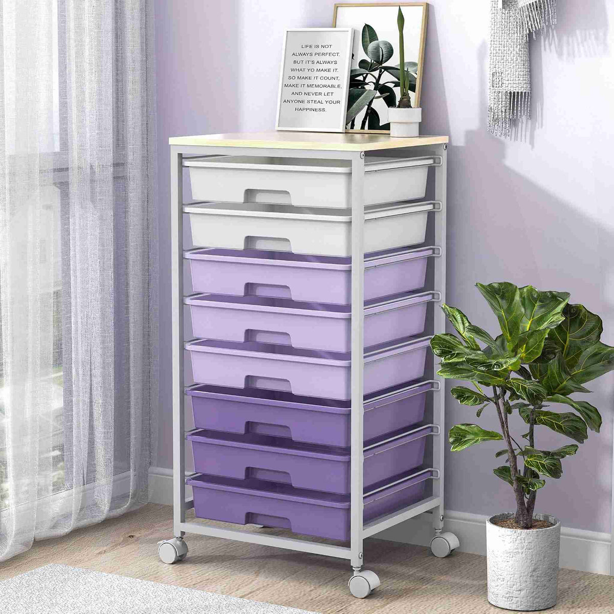 SYKIARIOL 8-drawer rolling storage cart, purple gradient drawers