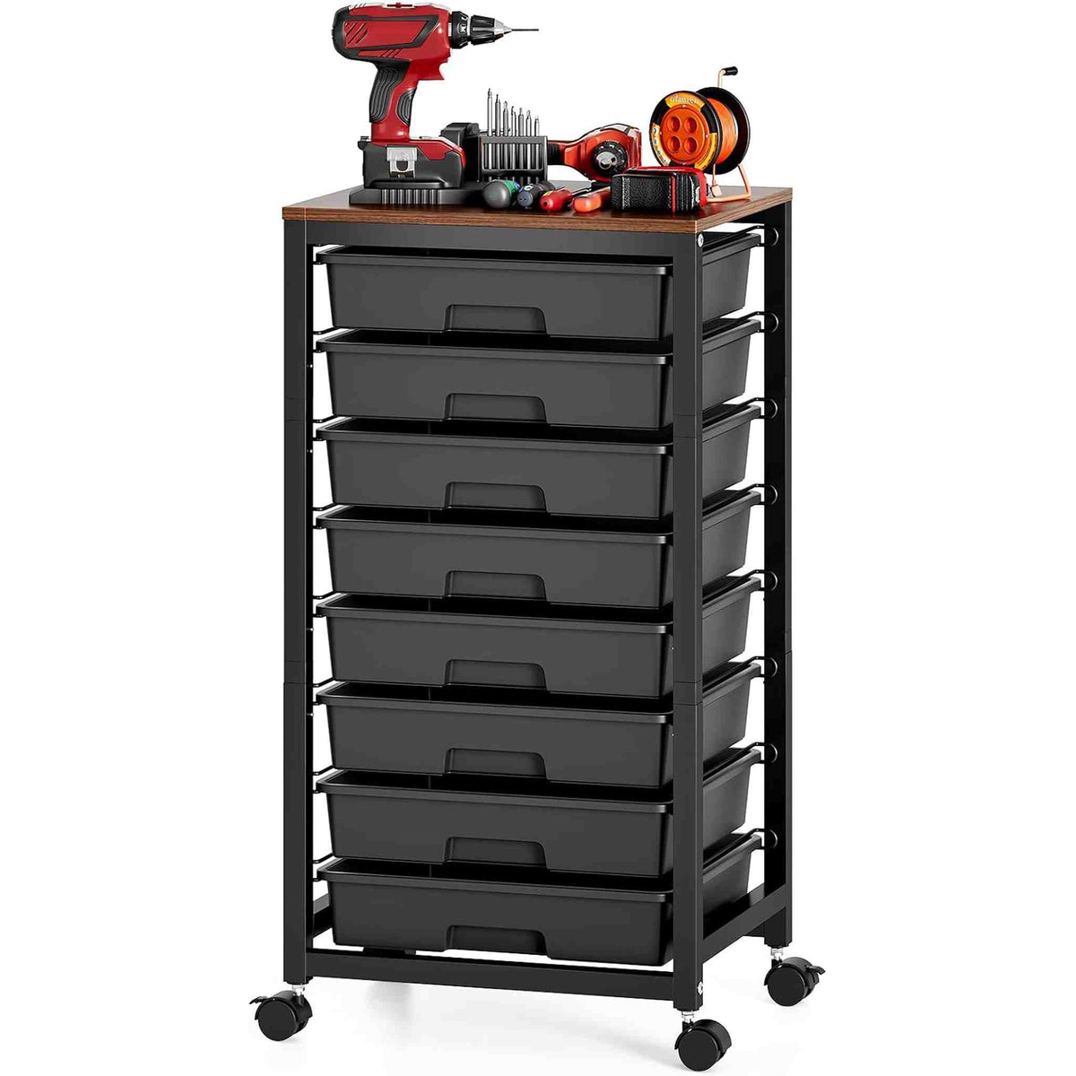 SYKIARIOL 8-drawer rolling storage cart, black drawers on a black frame holding a power drill and tools on top
