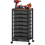 SYKIARIOL 8-drawer rolling storage cart, black drawers on a black frame holding a power drill and tools on top