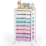 SYKIARIOL 8-drawer rolling storage cart, blue, pink and purple pastel drawers with craft supplies on the wooden top