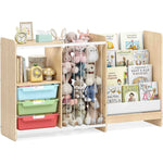 SYKIARIOL 5-in-1 kids bookcase storage cabinet, natural wood frame with blue, green and red drawers