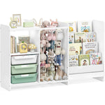 SYKIARIOL 5-in-1 kids bookcase storage cabinet, white frame with green drawers, a plush-toy compartment and a front-facing book shelf