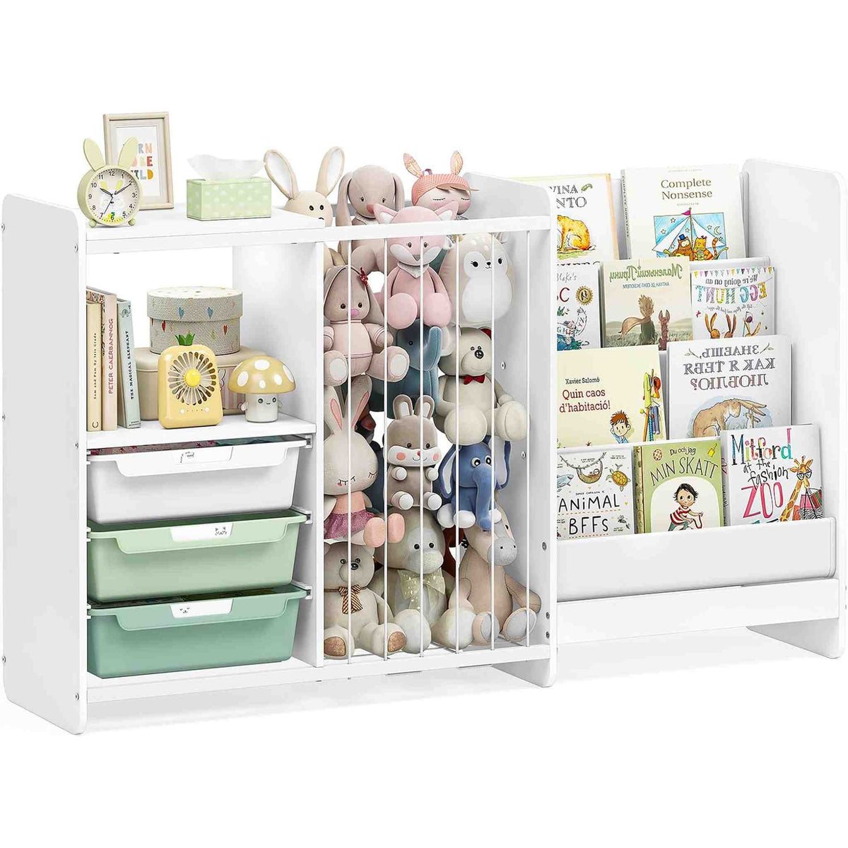 SYKIARIOL 5-in-1 kids bookcase storage cabinet, white frame with green drawers, a plush-toy compartment and a front-facing book shelf
