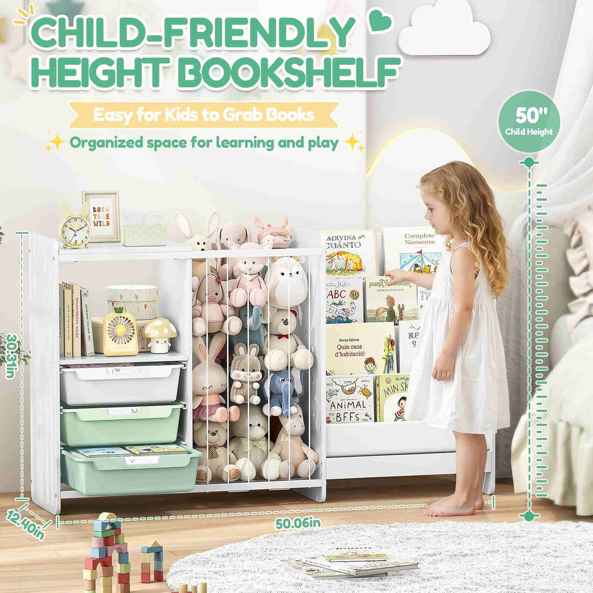 SYKIARIOL 5-in-1 kids bookcase storage cabinet – child-friendly height bookshelf, 50 in wide, shown with a girl reaching for a book