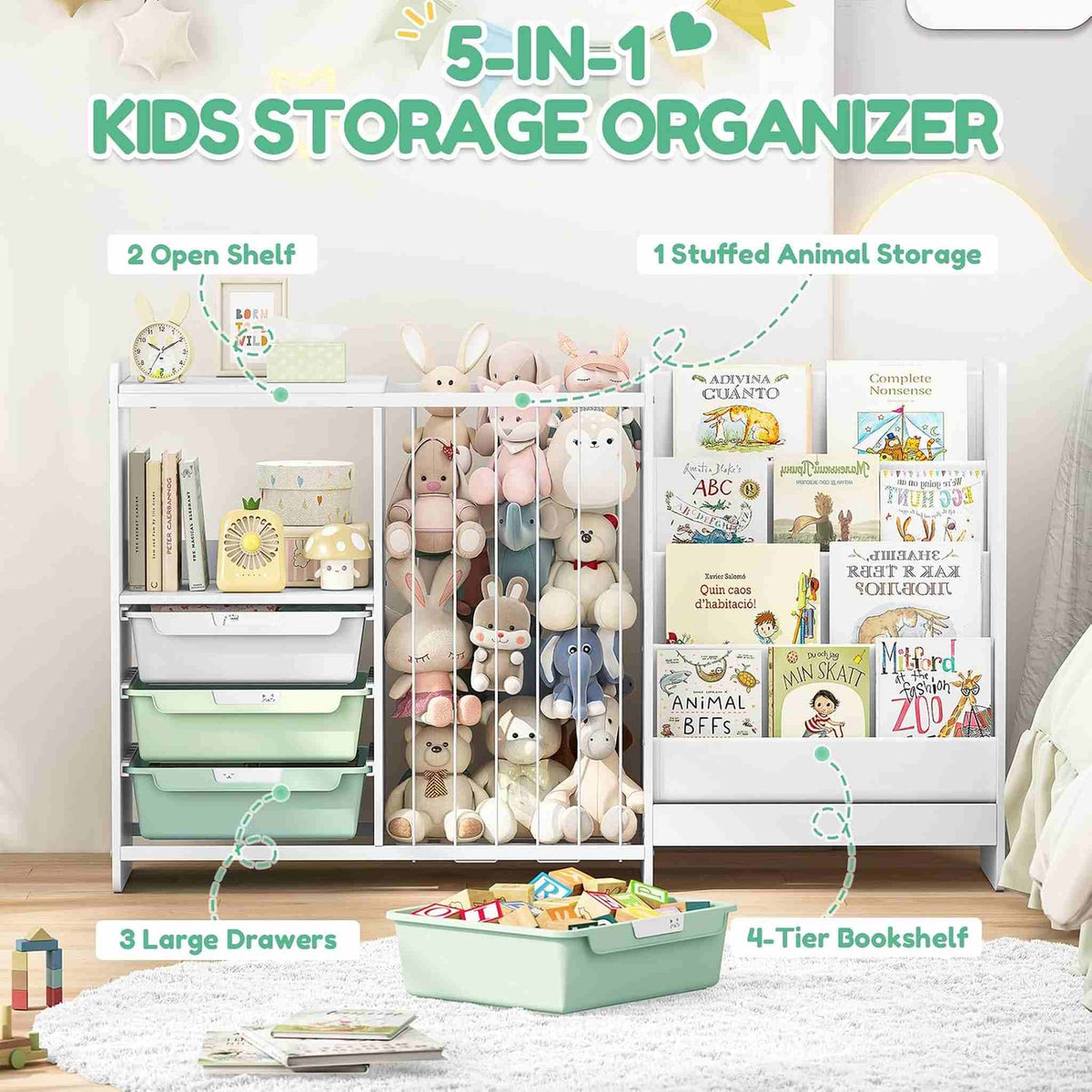 SYKIARIOL 5-in-1 kids bookcase storage cabinet – 5-in-1 layout: two open shelves, plush toy compartment, three drawers, four-tier bookshelf