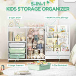 SYKIARIOL 5-in-1 kids bookcase storage cabinet – 5-in-1 layout: two open shelves, plush toy compartment, three drawers, four-tier bookshelf