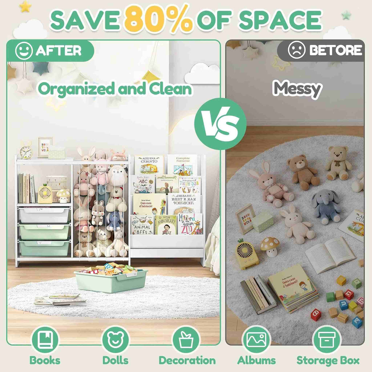 SYKIARIOL 5-in-1 kids bookcase storage cabinet – before and after comparison: a messy playroom versus an organized one saving 80% of space