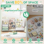 SYKIARIOL 5-in-1 kids bookcase storage cabinet – before and after comparison: a messy playroom versus an organized one saving 80% of space