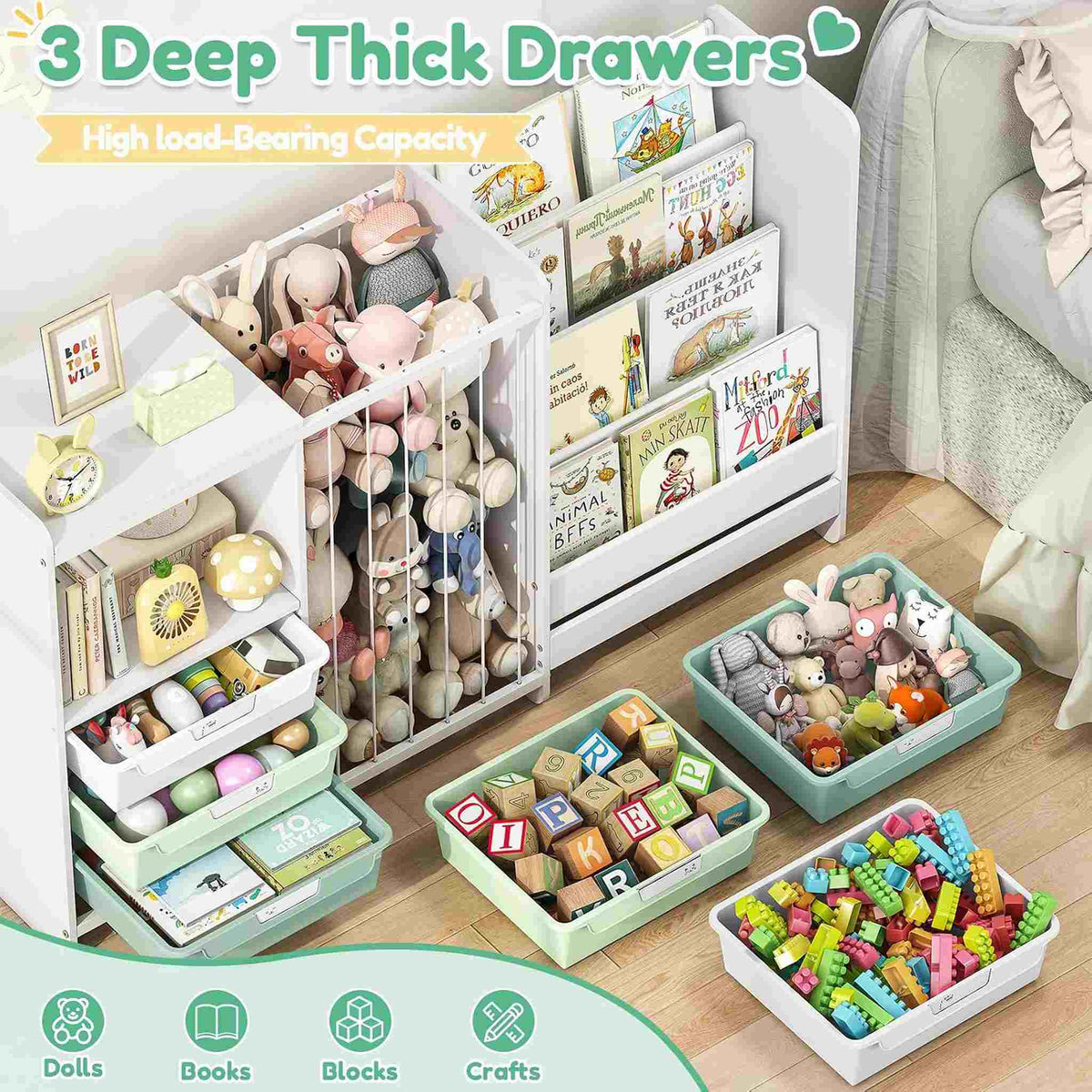 SYKIARIOL 5-in-1 kids bookcase storage cabinet – deep thick drawers with high load-bearing capacity, filled with blocks and toys