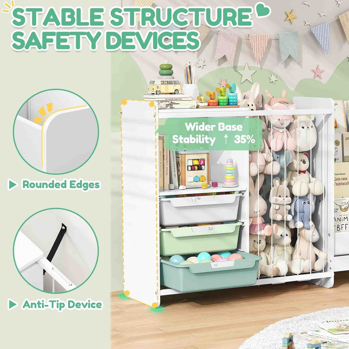 SYKIARIOL 5-in-1 kids bookcase storage cabinet – stable structure and safety devices: rounded edges, anti-tip device and wider base