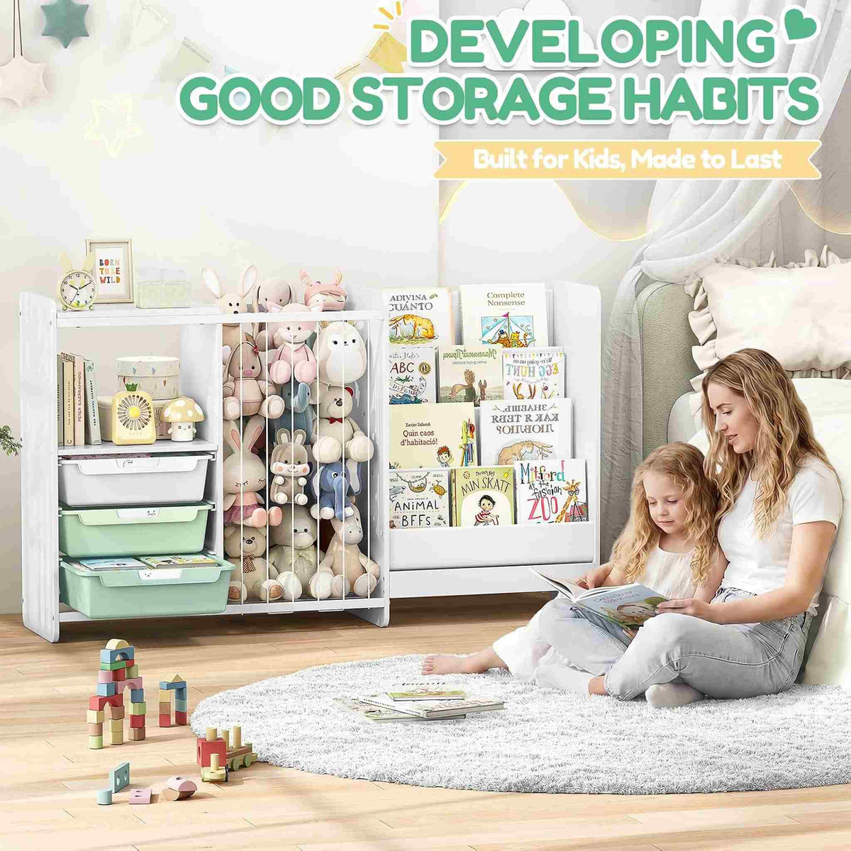 SYKIARIOL 5-in-1 kids bookcase storage cabinet – in a playroom with a mother and daughter reading on a rug