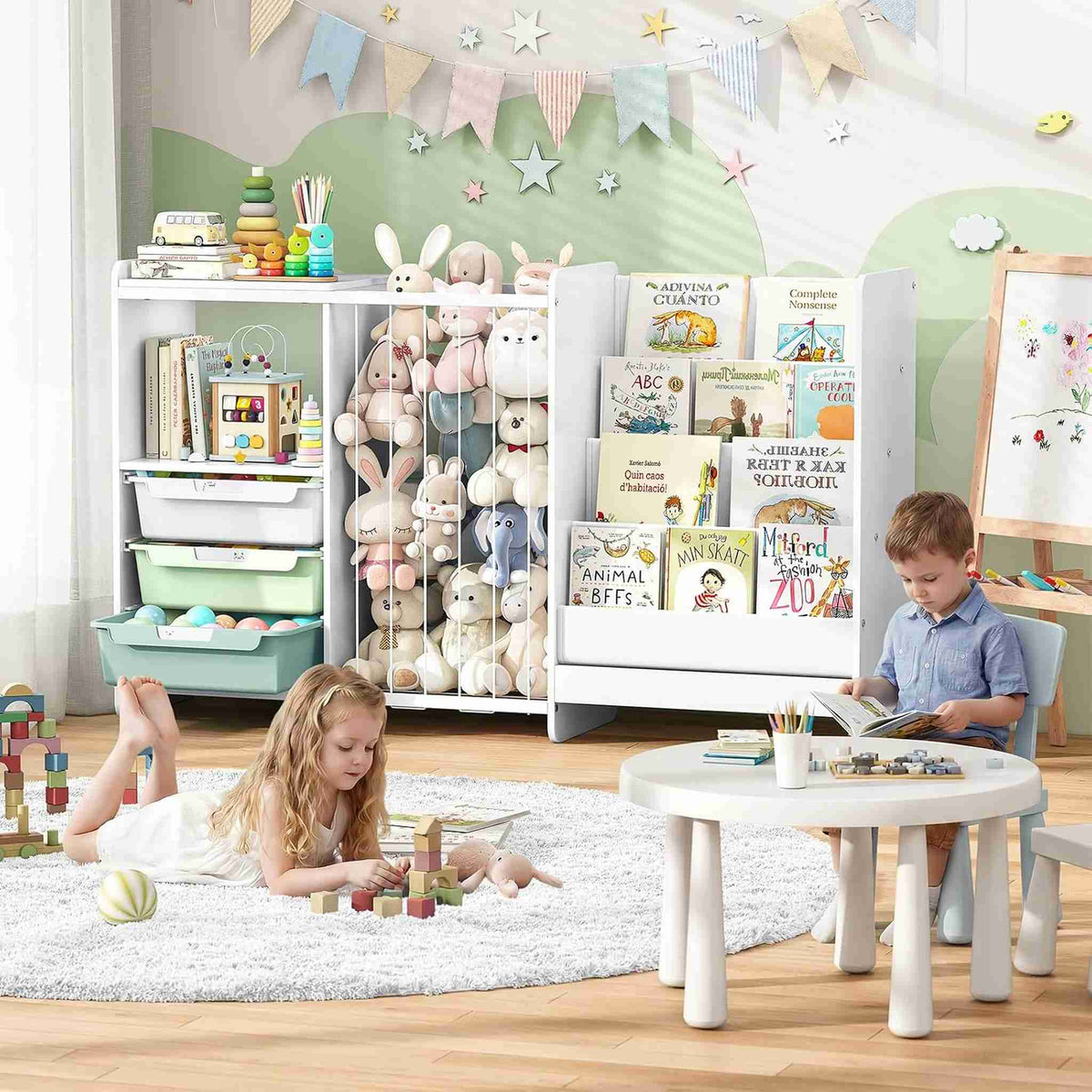 SYKIARIOL 5-in-1 kids bookcase storage cabinet – in a playroom with two children playing at a round table