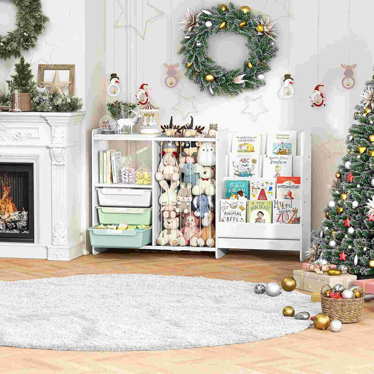 SYKIARIOL 5-in-1 kids bookcase storage cabinet – in a living room by a fireplace with a Christmas tree