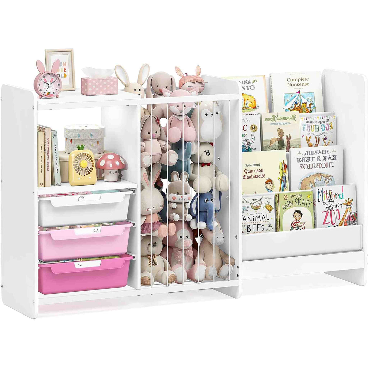 SYKIARIOL 5-in-1 kids bookcase storage cabinet, white frame with pink drawers