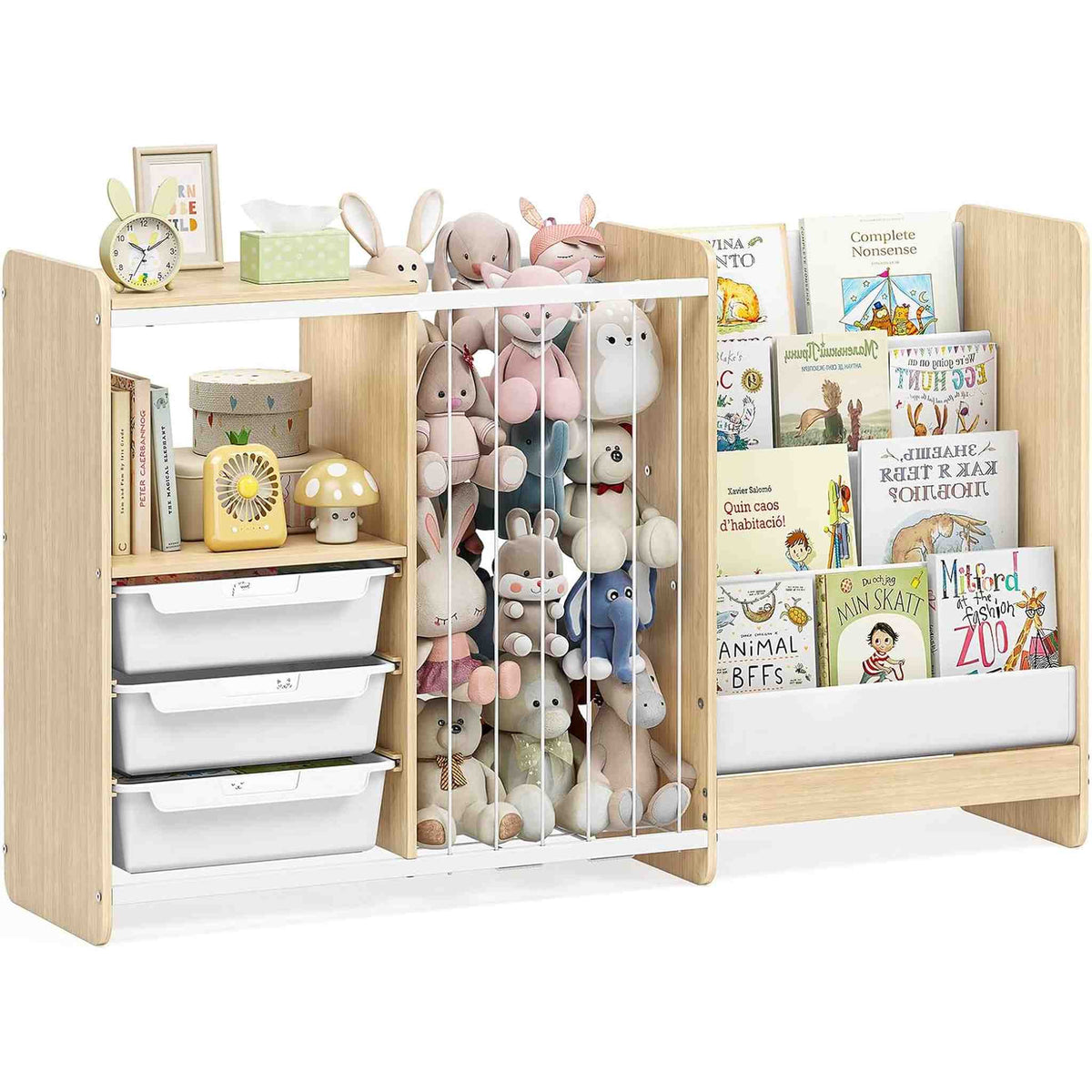 SYKIARIOL 5-in-1 kids bookcase storage cabinet, natural wood frame with white drawers