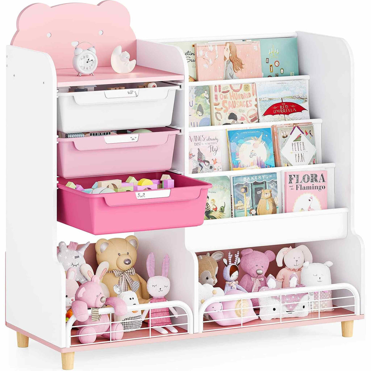 SYKIARIOL kids storage organizer with bookshelf, white and pink with three drawers, picture-book shelves and a stuffed-animal compartment