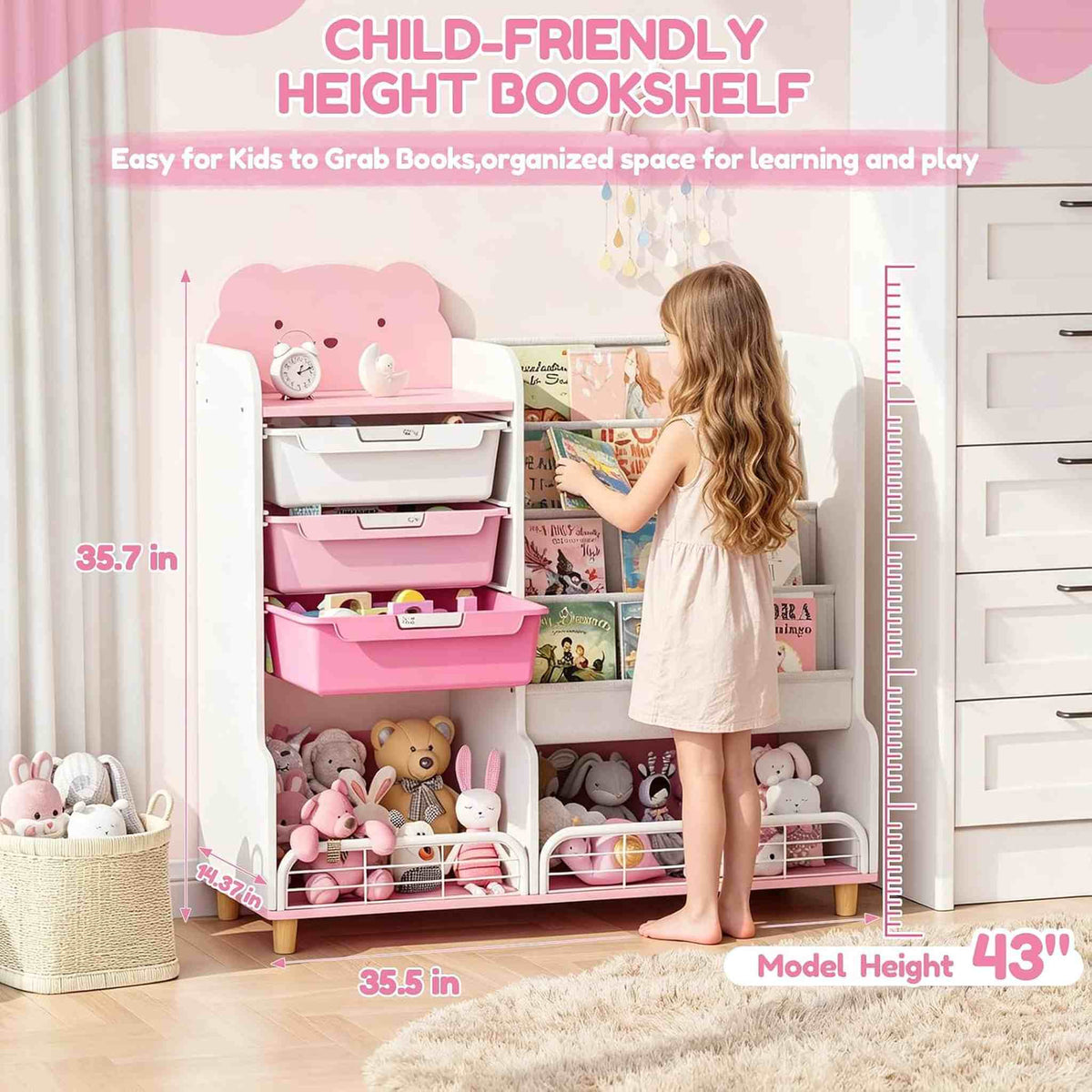 SYKIARIOL kids storage organizer with bookshelf – child-friendly height: 35.7 in tall and 35.5 in wide, with a girl reaching for a book
