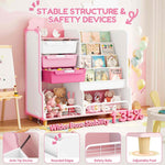 SYKIARIOL kids storage organizer with bookshelf – safety infographic: anti-tip device, rounded edges, safety rails and adjustable feet