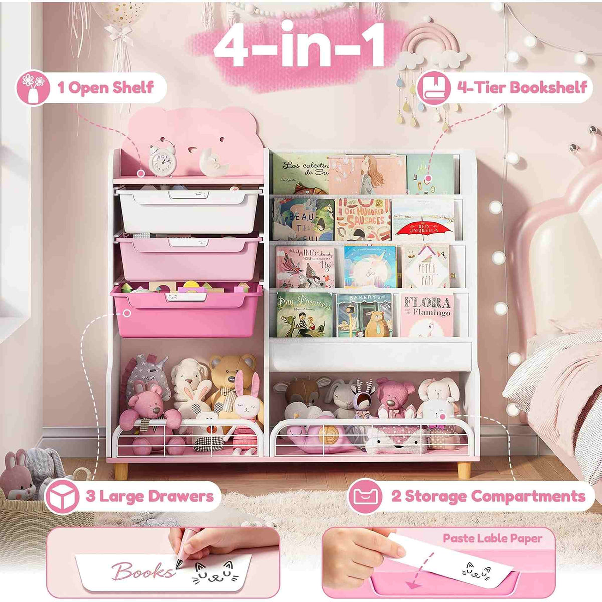 SYKIARIOL kids storage organizer with bookshelf – 4-in-1 design: open shelf, four-tier bookshelf, three drawers, two compartments