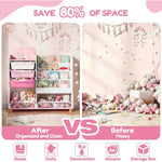 SYKIARIOL kids storage organizer with bookshelf – before and after comparison: a messy playroom versus an organized one saving 80% of space