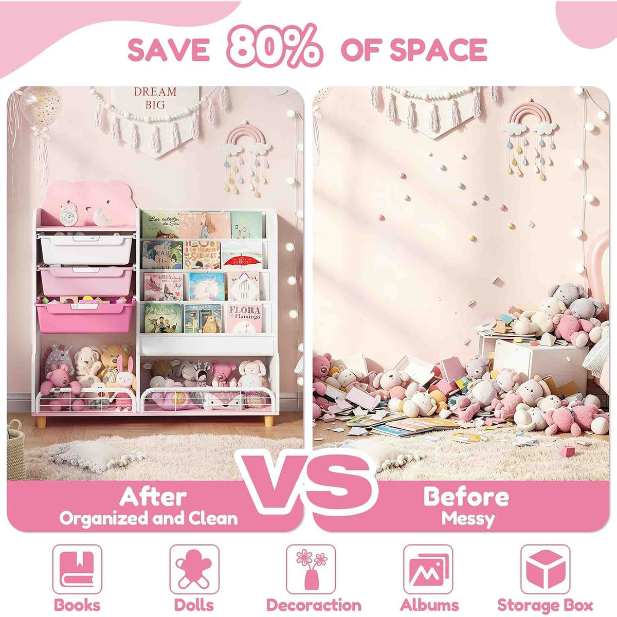 SYKIARIOL kids storage organizer with bookshelf – before and after comparison: a messy playroom versus an organized one saving 80% of space