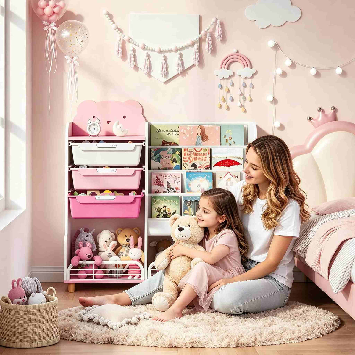SYKIARIOL kids storage organizer with bookshelf – in a pink bedroom with a mother and daughter reading together