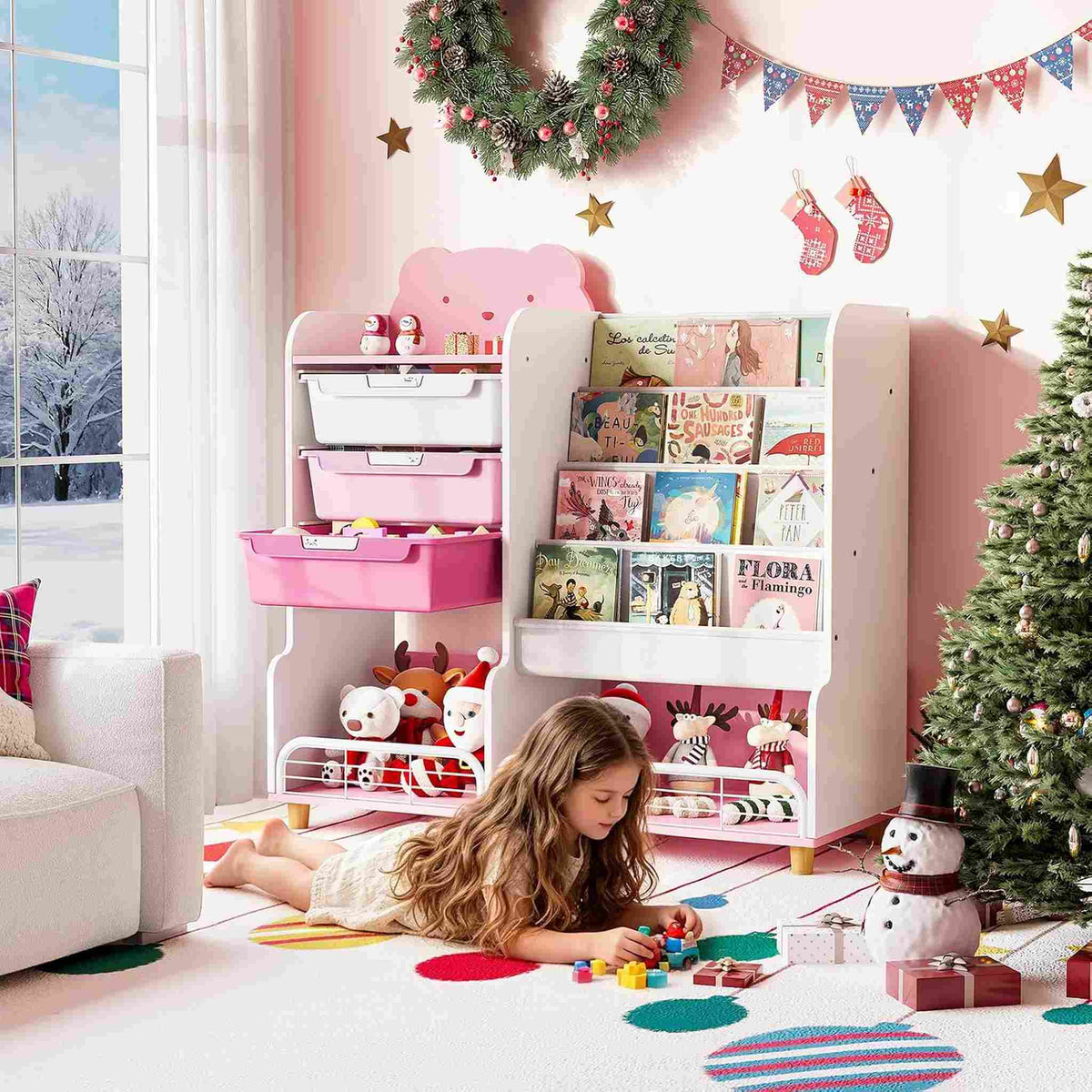 SYKIARIOL kids storage organizer with bookshelf – in a playroom with a child playing near a Christmas tree