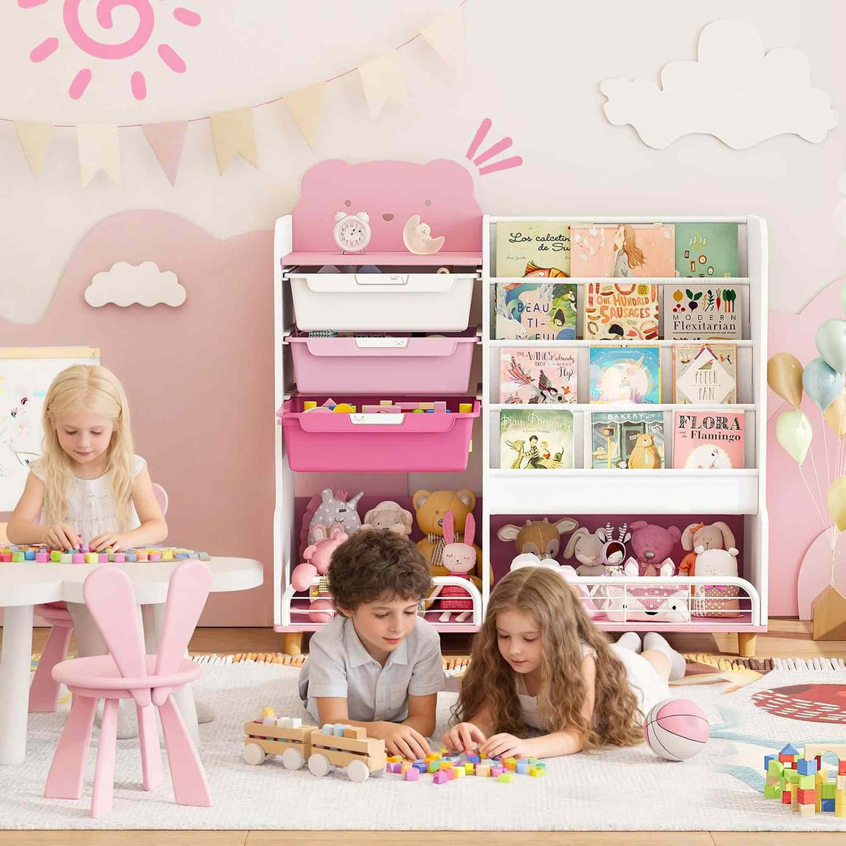 SYKIARIOL kids storage organizer with bookshelf – in a playroom with three children playing at a small table