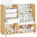 SYKIARIOL kids storage organizer with bookshelf, natural wood and white version holding picture books and plush toys