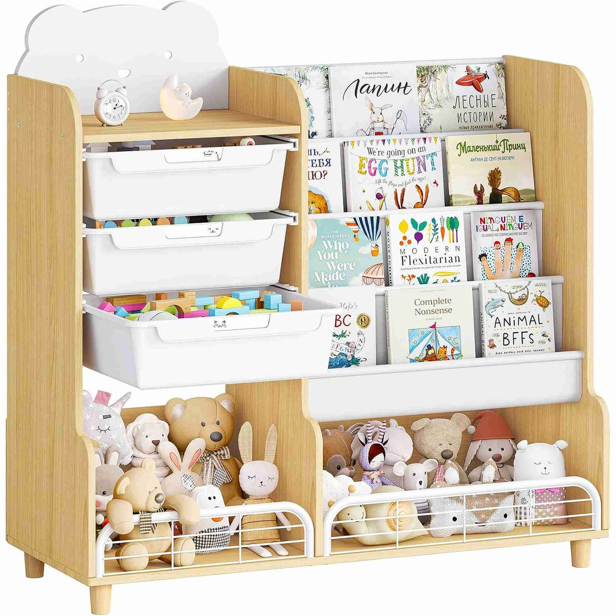 SYKIARIOL kids storage organizer with bookshelf, natural wood and white version holding picture books and plush toys