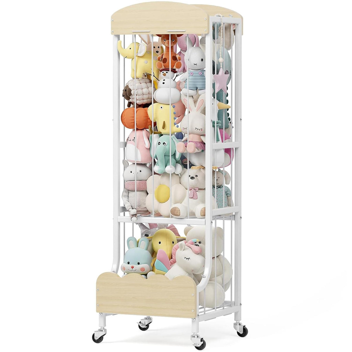 SYKIARIOL rolling stuffed animal storage, white and natural wood version filled with plush toys