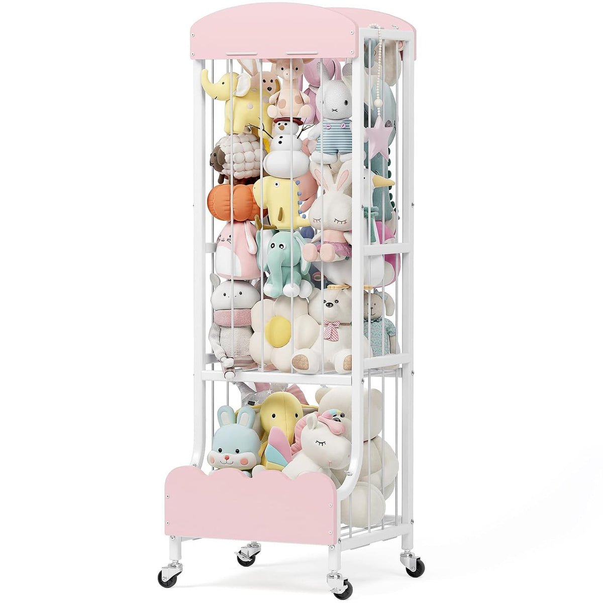 SYKIARIOL rolling stuffed animal storage, white and pink version filled with plush toys