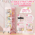 SYKIARIOL rolling stuffed animal storage – safety infographic: anti-tip device, rounded edges, cloud-shaped top and wider base