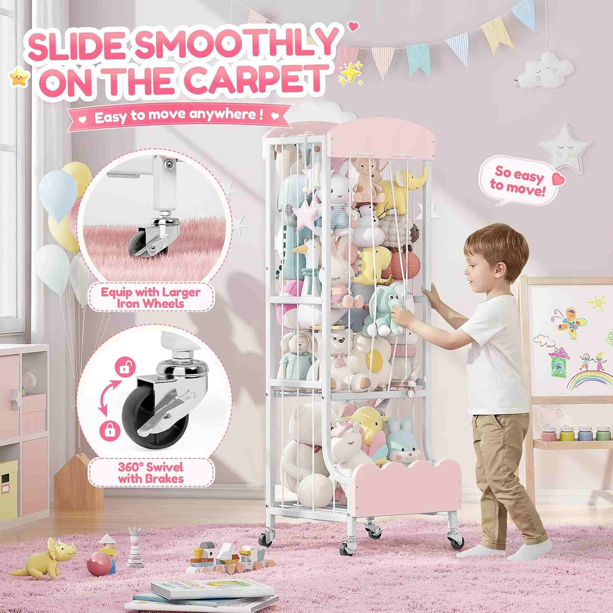SYKIARIOL rolling stuffed animal storage – rolling smoothly on carpet with large iron wheels and 360-degree swivel brakes