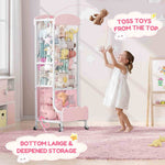 SYKIARIOL rolling stuffed animal storage – with a girl tossing a toy in from the top, and a deep bottom storage area