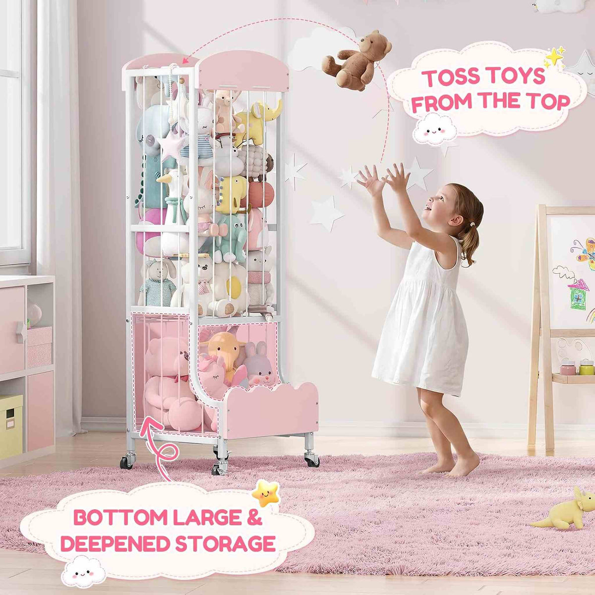 SYKIARIOL rolling stuffed animal storage – with a girl tossing a toy in from the top, and a deep bottom storage area