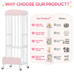 SYKIARIOL rolling stuffed animal storage – comparison infographic: holds 40+ plush toys, sturdy metal tube, extra-large bottom storage