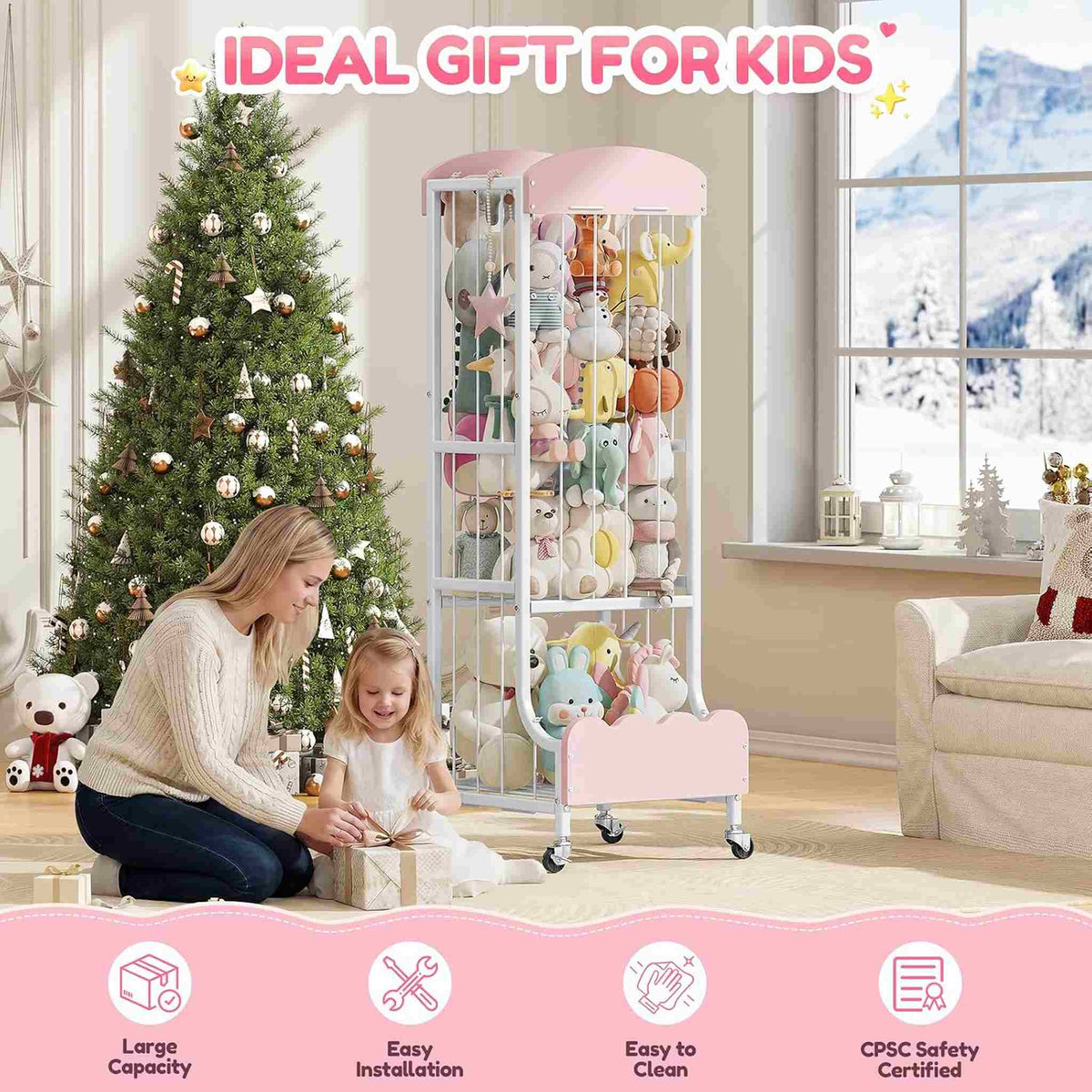 SYKIARIOL rolling stuffed animal storage – as a gift idea for kids: a mother and child beside the storage in front of a Christmas tree