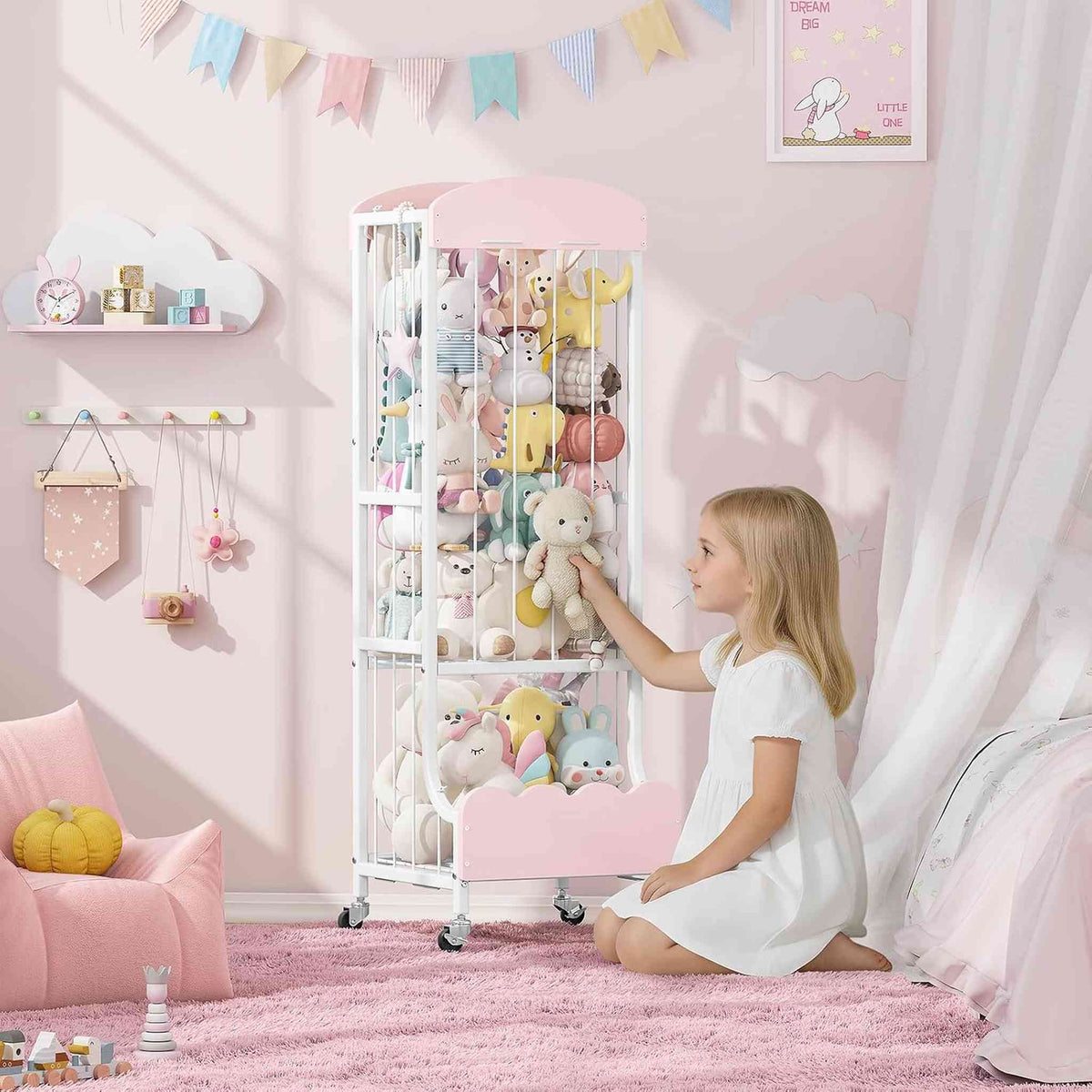 SYKIARIOL rolling stuffed animal storage – in a pink bedroom with a girl picking out a plush toy