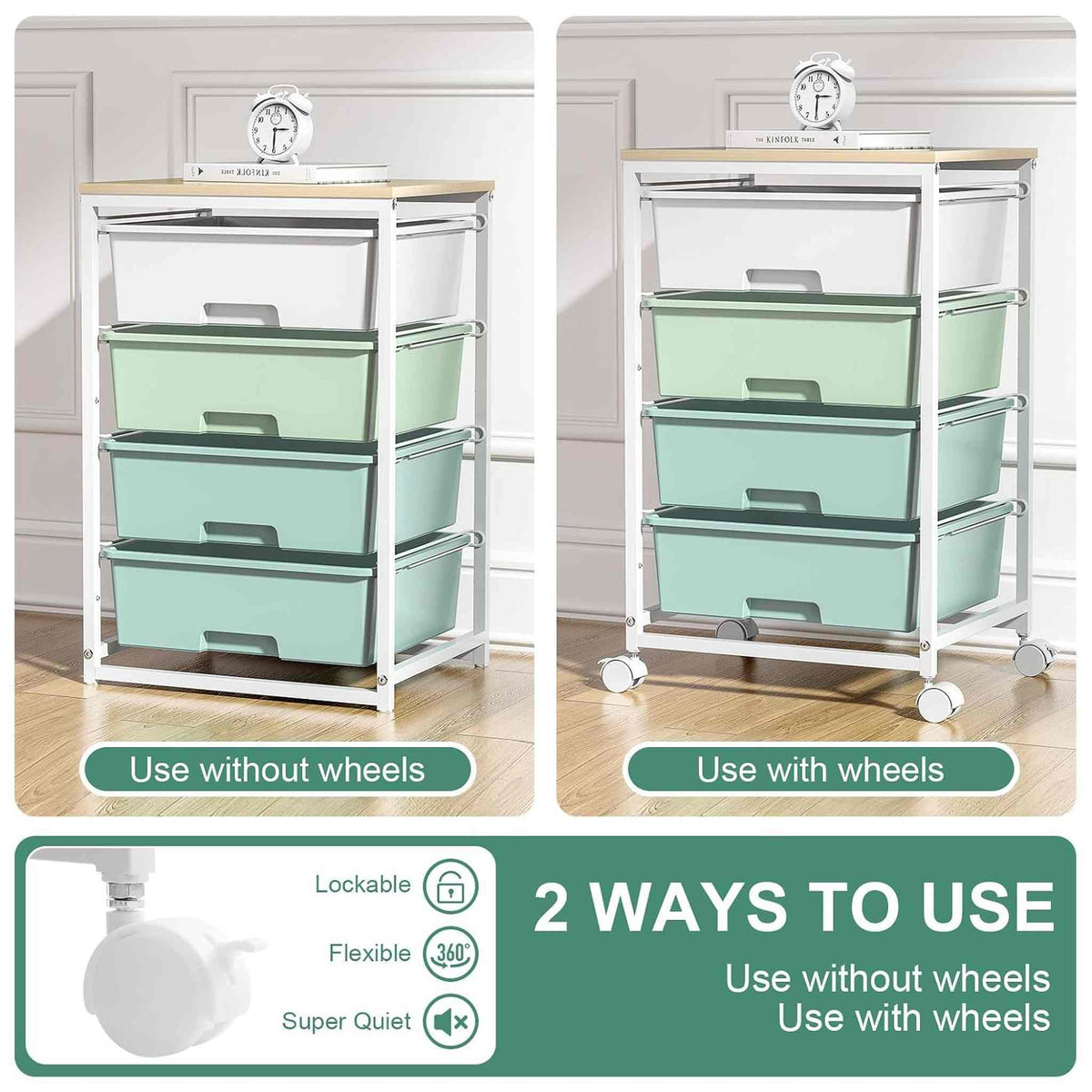 SYKIARIOL 4-drawer rolling storage cart – two ways to use: with lockable, flexible, super-quiet wheels or without wheels