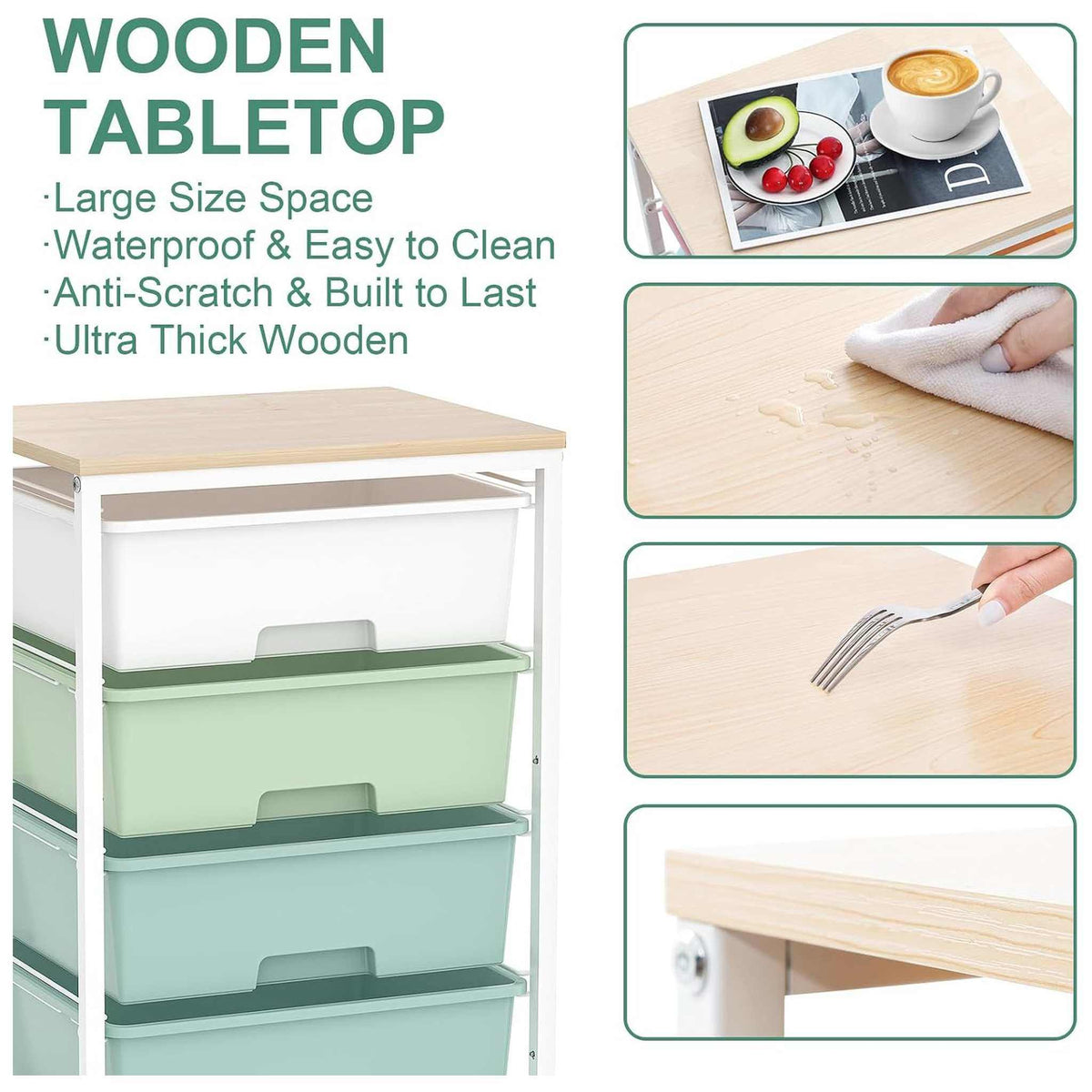 SYKIARIOL 4-drawer rolling storage cart – wooden tabletop details: large size, waterproof and easy to clean, anti-scratch and ultra thick