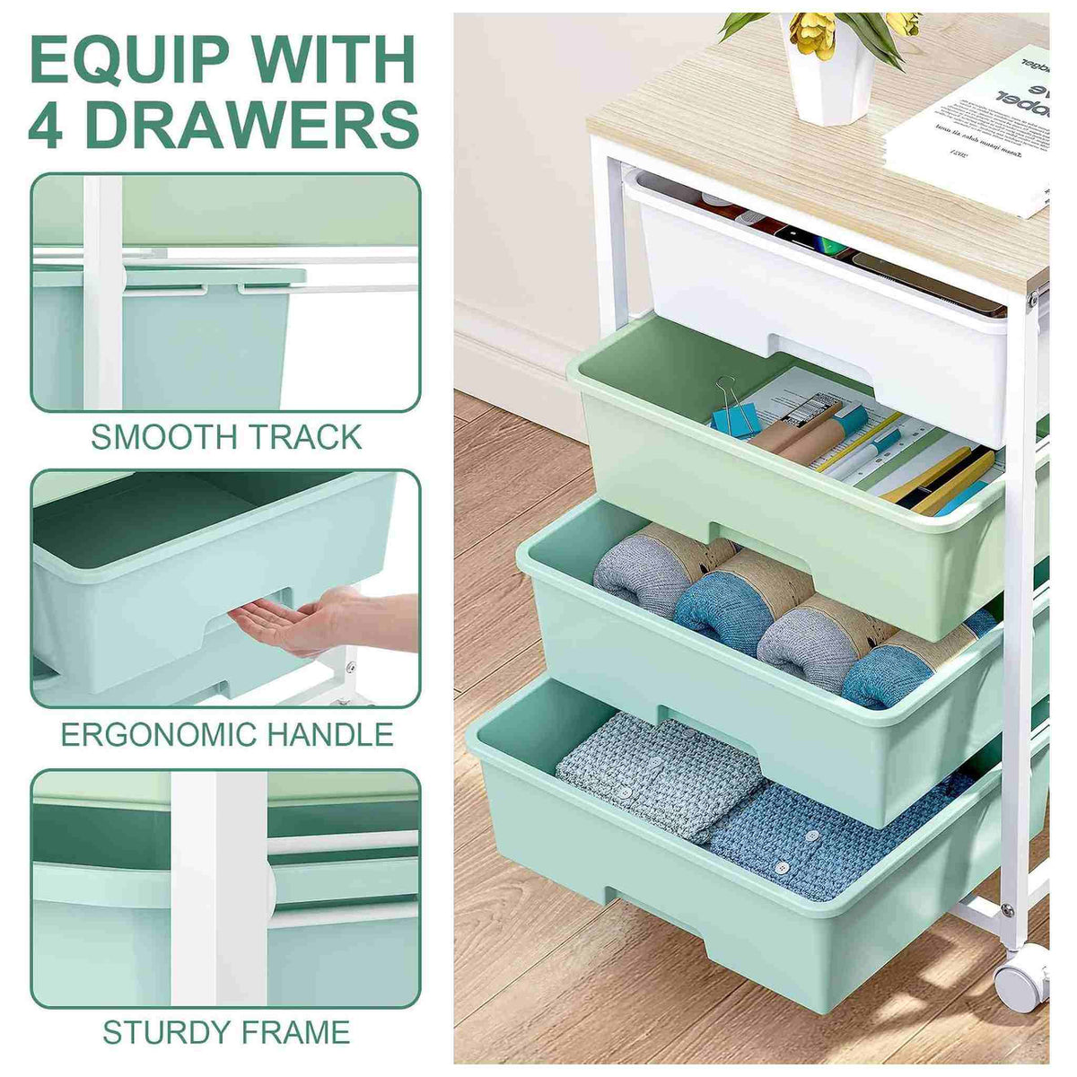 SYKIARIOL 4-drawer rolling storage cart – drawer details: smooth track, ergonomic handle and sturdy frame, with drawers holding folded clothes