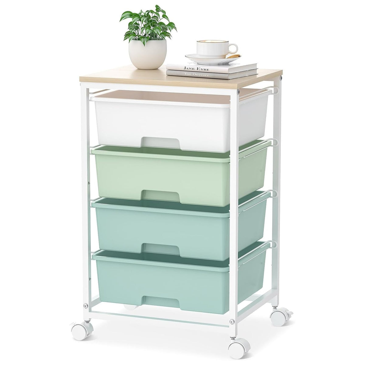 SYKIARIOL 4-drawer rolling storage cart, mint green gradient drawers with a plant and teacup on top
